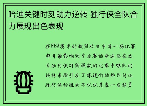 哈迪关键时刻助力逆转 独行侠全队合力展现出色表现
